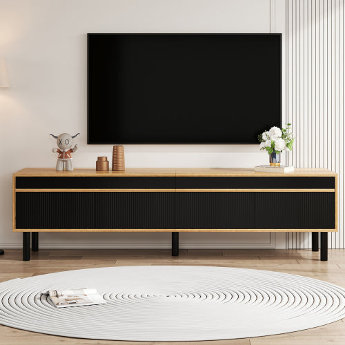 TV Cabinet, TV Table, TV Panel, Low Cabinet With Four Doors. Fine Texture. Black And Wood Color.