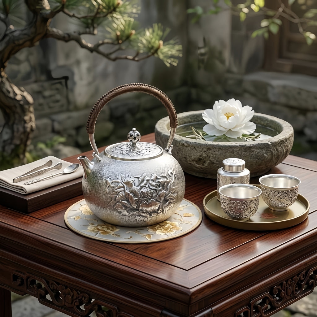 Pure 999 Fine Silver Elegant  Teapot with Intricate Floral Embossing and Woven Handle-Fine large teapot - Handicraft