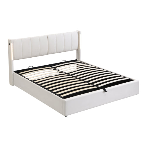 LED Upholstered Bed ,King Size Bed-5ft150x200cm, Hydraulic Bed, Rechargeable USB Port In Bed, With LED Lighting, With Storage Space, Adjustable Headboard, PU , White