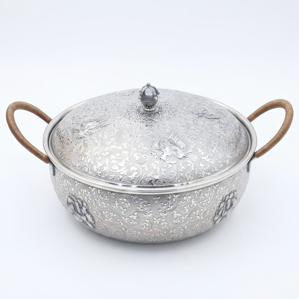Pure 999 Fine Silver Exquisite Handcrafted Silver Serving Bowl with Ornate Floral Engravings and Woven Handles - Handicraft