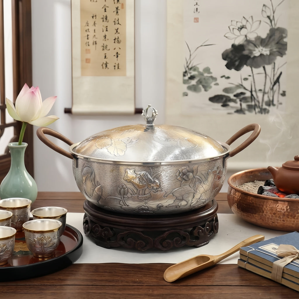 925 Sterling Silver Elegant Silver Lotus and Fish Relief Covered Pot with Wrapped Handles - Handicraft