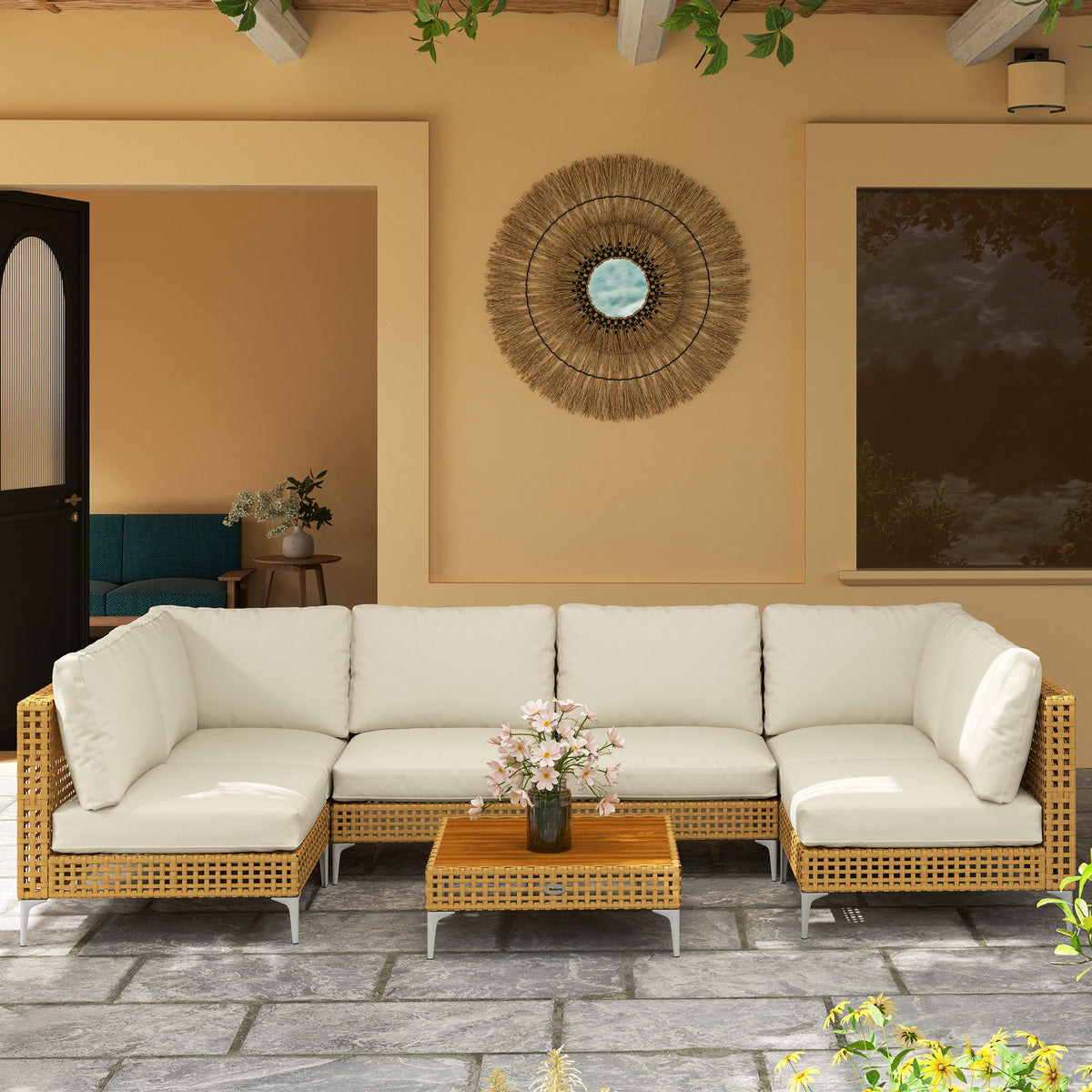 7 Piece Wicker Patio Furniture Set, Modular Outdoor Sectional with Thickened Cushions, Acacia Wood Table, Khaki/Beige