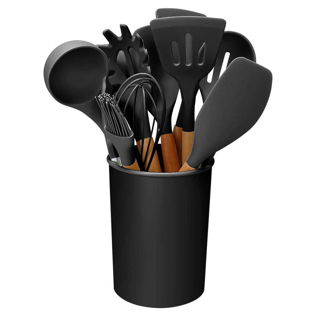 2 Color Options -- Set Of 11Pcs Silicone Cooking Utensil Set Heat Resist Wooden Handle Silicone Spatula Turner Ladle Spaghetti Server Tongs Spoon Egg Kitchenware Set With Holder