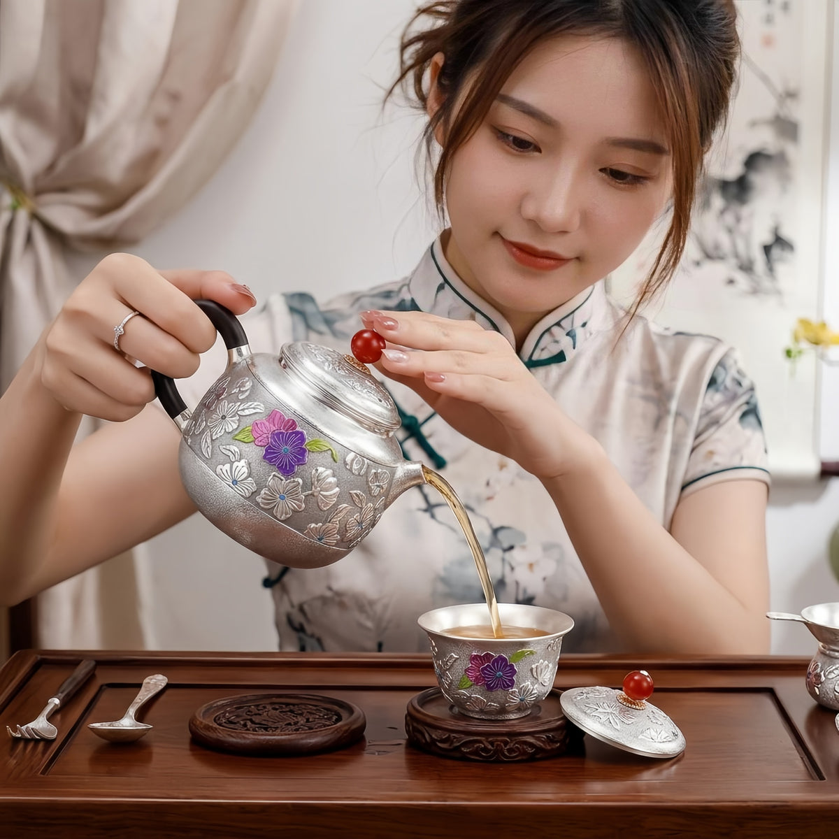 Pure 999 Fine Silver Exquisite Handcrafted Silver Teapot with Colorful Enamel Floral Details and Red Gemstone Finial - Handicraft