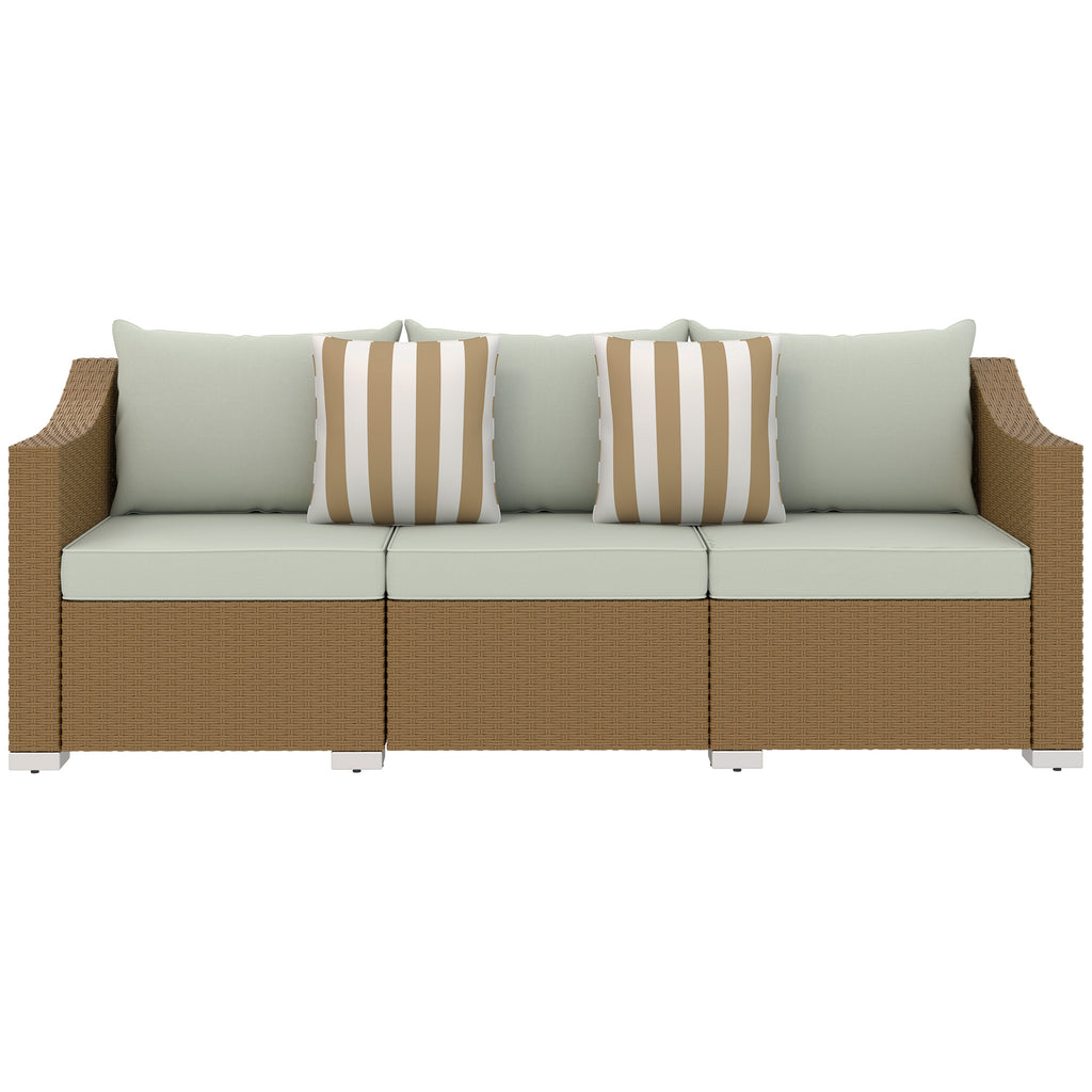 Rattan Wicker 3 Seater Patio Couch With Cushions, 2 Throw Pillows, Outdoor Furniture Rattan Sofa, Light Gray