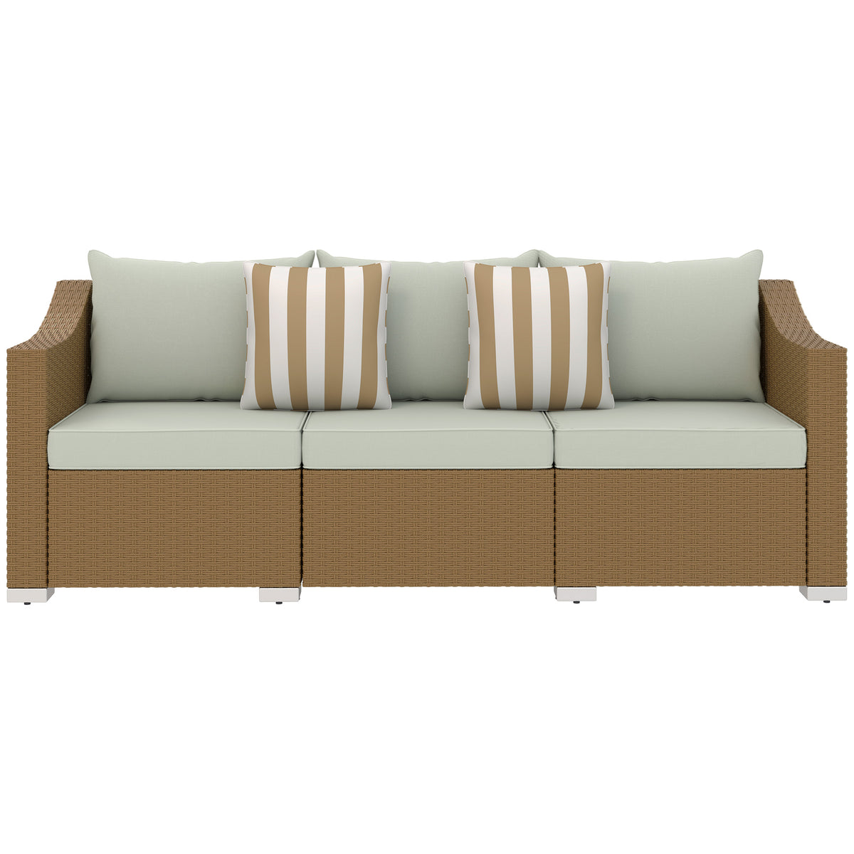 Rattan Wicker 3 Seater Patio Couch With Cushions, 2 Throw Pillows, Outdoor Furniture Rattan Sofa, Light Gray