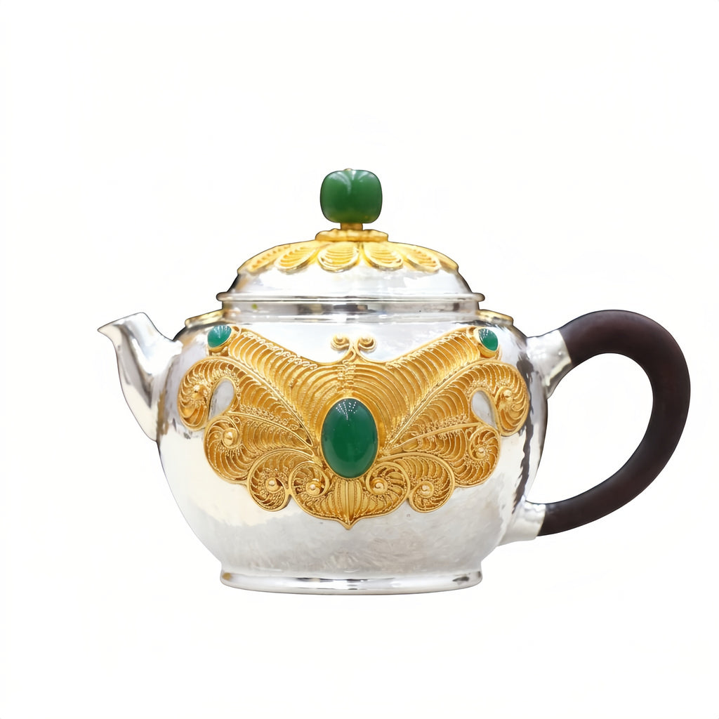 Pure 999 Fine Silver Exquisite Filigree Silver Teapot with Vibrant Green Gemstone Accents - Handicraft