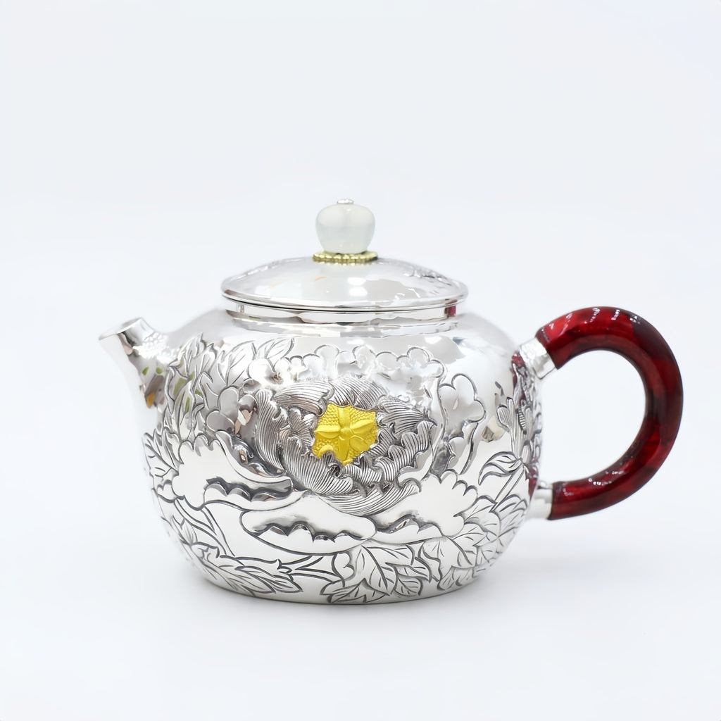 Pure 999 Fine Silver Ornate Hand-Engraved Silver Peony Teapot with Marbled Crimson Handle and White Finial - Handicraft