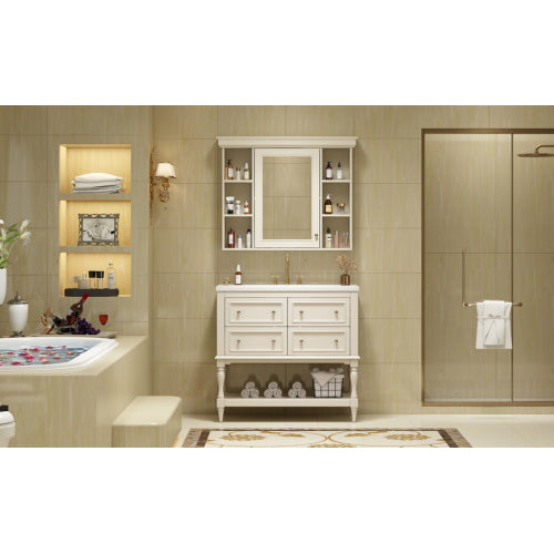 36'' Bathroom Vanity With Medicine Cabinet, Modern Mirror Cabinet With Adjustable Shelf, Bathroom Storage Cabinet With 4 Drawers, Solid Wood Frame Bathroom Storage Cabinet
