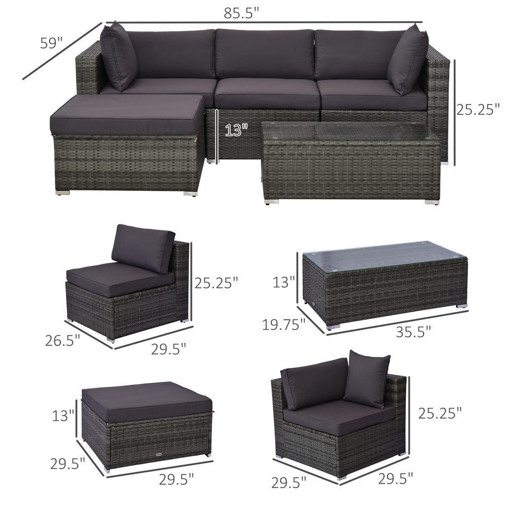 5-Piece Outdoor Sectional Furniture, Patio Sofa Set, PE Wicker Couch, Cushions, Pillows, Ottoman, Table, Charcoal