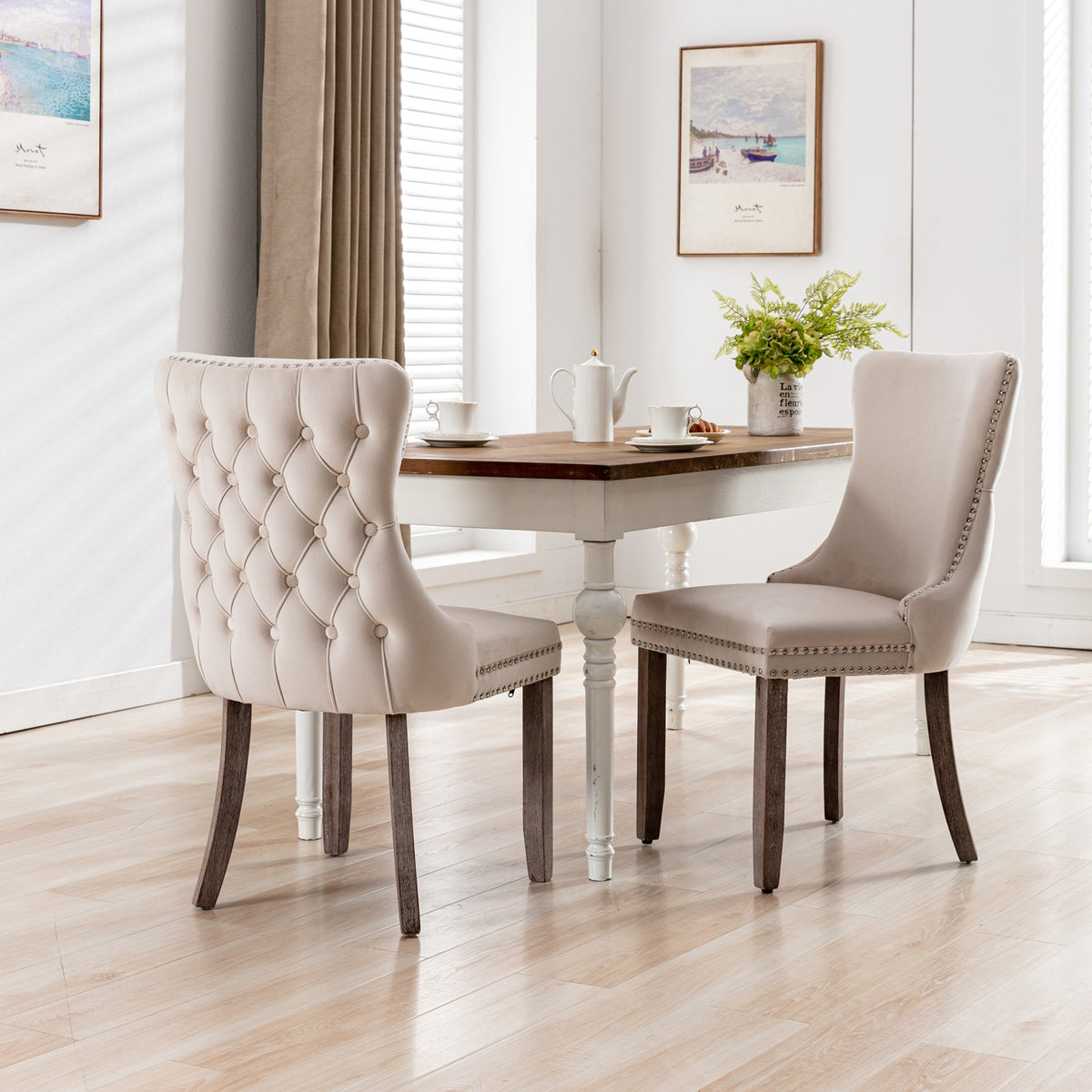 A A Upholstered Wing-Back Chair With Nailhead Trim & Solid Wood Leg