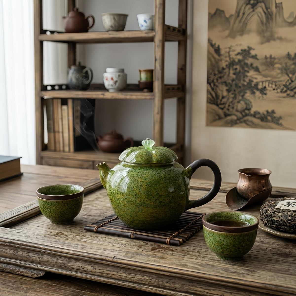 Pure 999 Fine Silver Artistic Hand-Glazed Green Speckled Teapot with Elegant Wooden Handle and Scalloped Lid - Handicraft