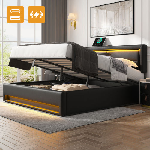 Upholstered Bed 135 X 190 Cm,Double Bed-4ft6,with USB Port  Supports Wireless And Wired Charging, With LED Lighting And Storage Space, Without Mattress, PU-Lychee Design, Black