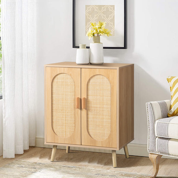 2-door Vertical Cabinet Type With High Stilt Oval Rattan Shoe Cabinet MDF Paste Triamine 68X40X83.5cm Wood Color