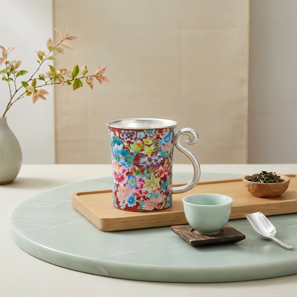 925 Sterling Silver Handcrafted Vibrant Multi-Color Floral Cloisonné Enamel Mug with Silver Handle - Handicraft
