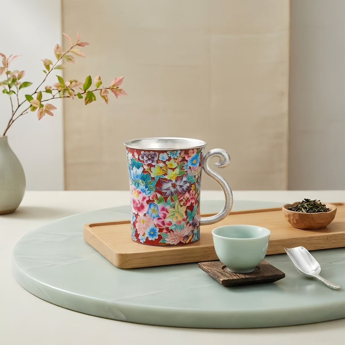 925 Sterling Silver Handcrafted Vibrant Multi-Color Floral Cloisonné Enamel Mug with Silver Handle - Handicraft