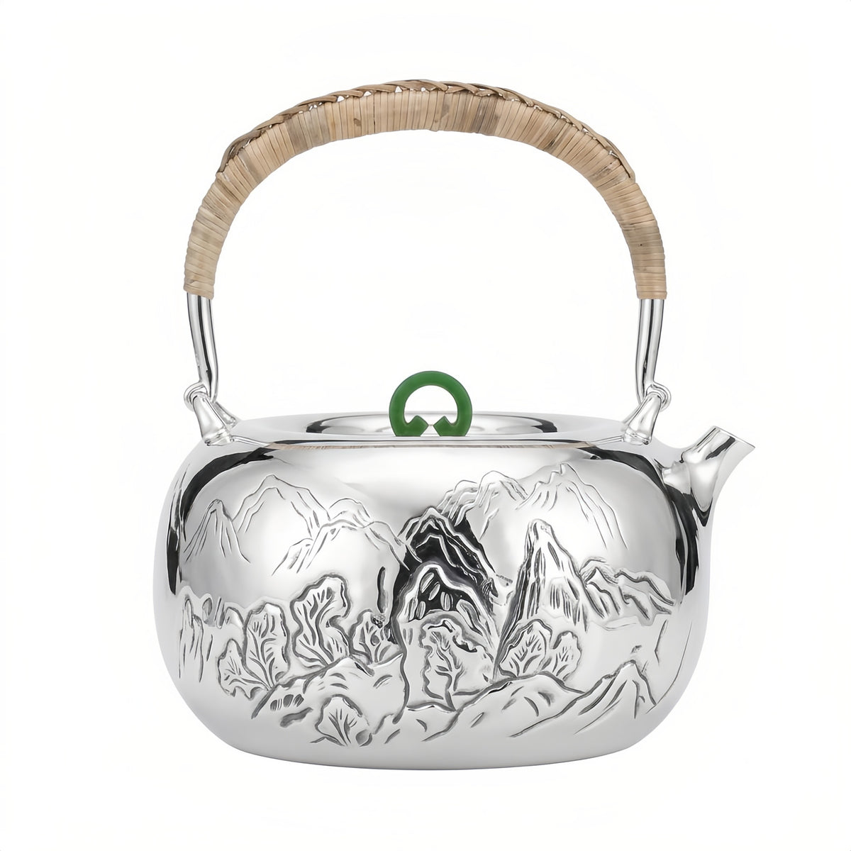 925 Sterling Silver Silver Landscape Teapot with Woven Handle and Jade Lid Accents - Handicraft