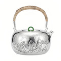 925 Sterling Silver Silver Landscape Teapot with Woven Handle and Jade Lid Accents - Handicraft