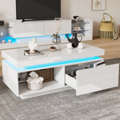 High Glossy LED Coffee Table With Drawer Storage, Wooden Centre Table With RGB Led Lights Rectangle Tea Table For Living Room Furniture, White Coffee Table With Open Display Shelf
