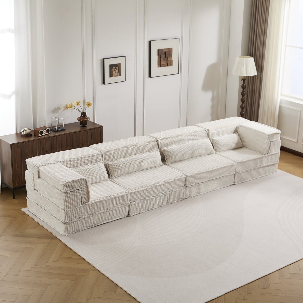Compression Mahjong Sofa,Convertible Floor Sofa Bed,DIY Boneless Modular Sectional Sofa,No Assembly Required,Circle Fleece Fabric,Oversized 4 Seater With 4 Pillows,White