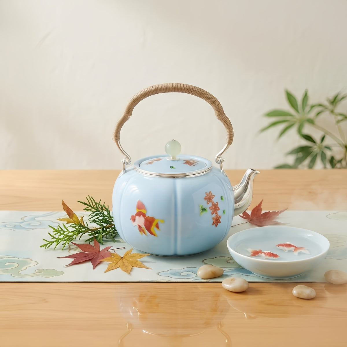 925 Sterling Silver Elegant Light Blue Ribbed Teapot with Painted Fish and Floral Accents - Handicraft