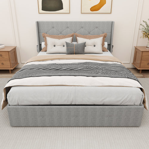 Queen Size Bed Frame With Storage - Lift Up Storage Bed With Modern Wingback Headboard, USB Ports
