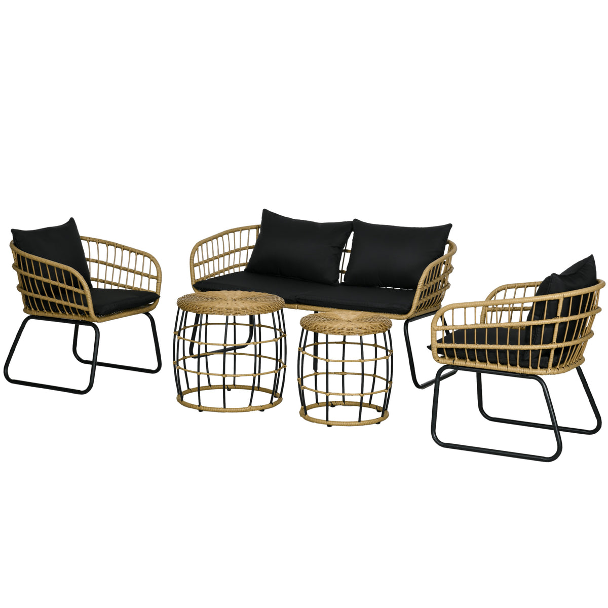 5 Piece PE Rattan Outdoor Furniture Set with Cushioned Chairs, Loveseat Sofa & Stackable Coffee Tables, Black