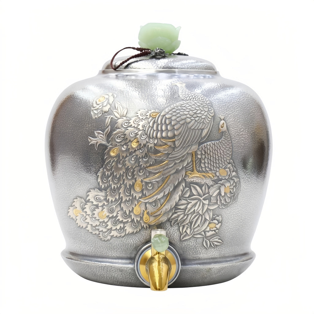 925 Sterling Silver Handcrafted Silver Vessel with Intricate Peacock Relief and Elegant Jade Accents - Handicraft