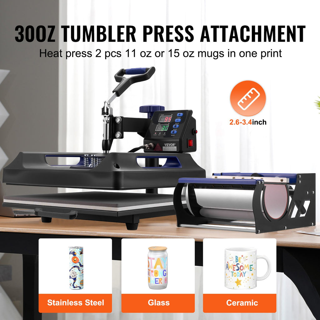 Heat Press Machine, 15 X 15 Inch, Digital T-Shirt Pressing, Teflon Coating, For T-Shirts/Mugs/Hats/Plates, Black+Blue