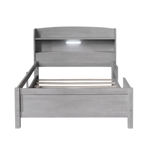 Wood Twin Size Platform Bed With Built-in LED Light, Storage Headboard And Guardrail, Antique Grey