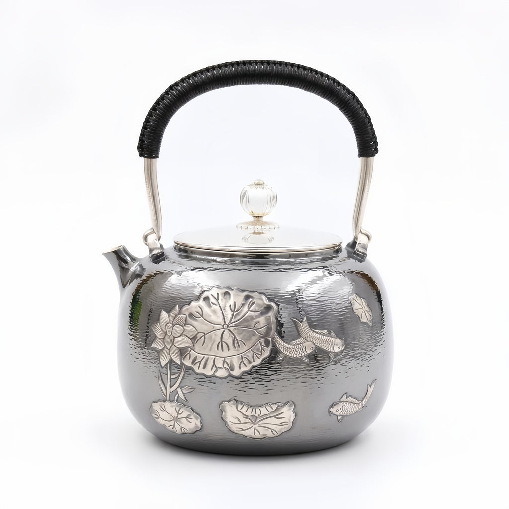 925 Sterling Silver Elegant  Teapot with Lotus and Koi Design-Fine large teapot - Handicraft