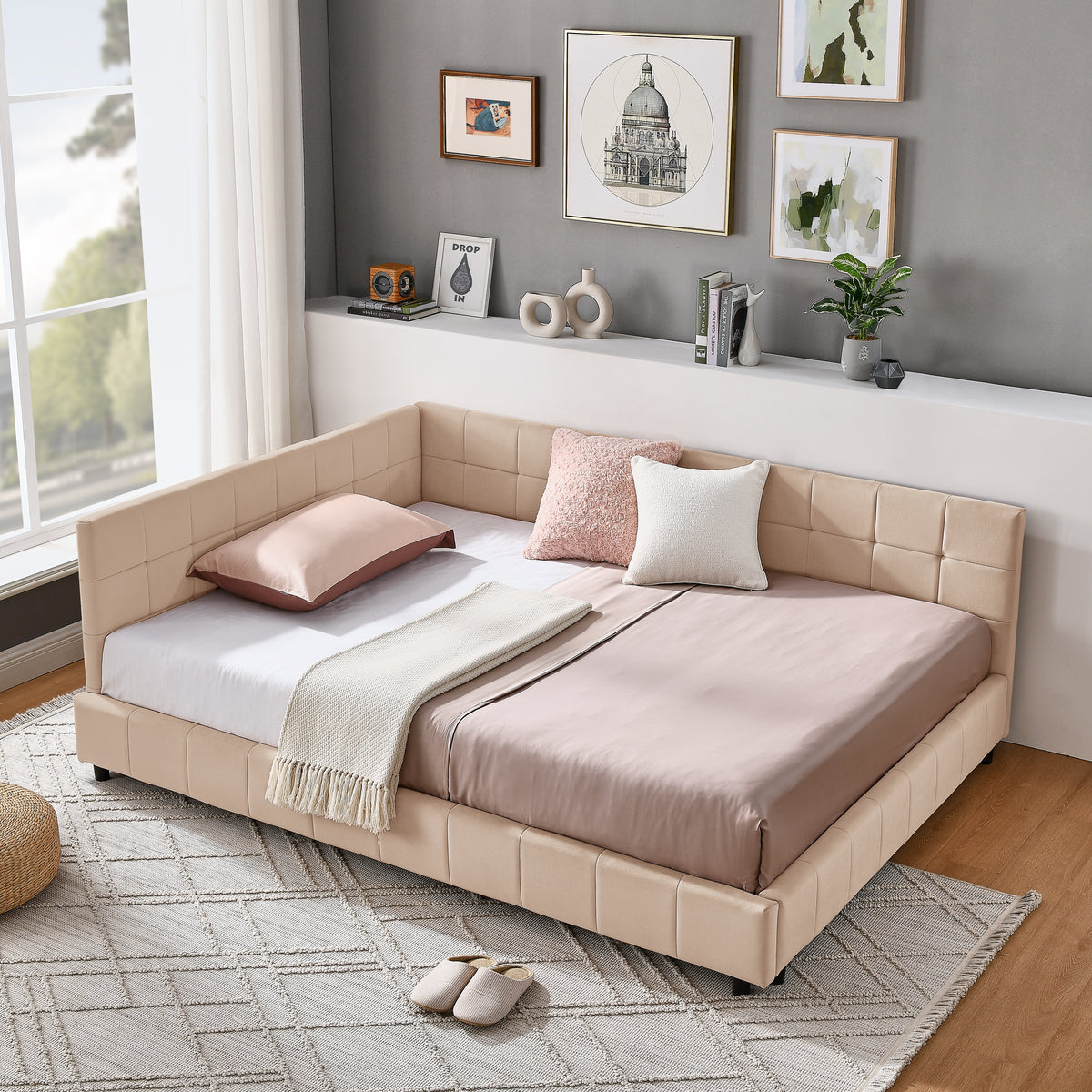 Full Size Upholstered Tufted  Bed Frame, Sofa Bed Frame With Comfortable Backrest And Armrests, Full Size Bed For Bedroom, Living Room,Velvet, PINK 80.5x59x30.5