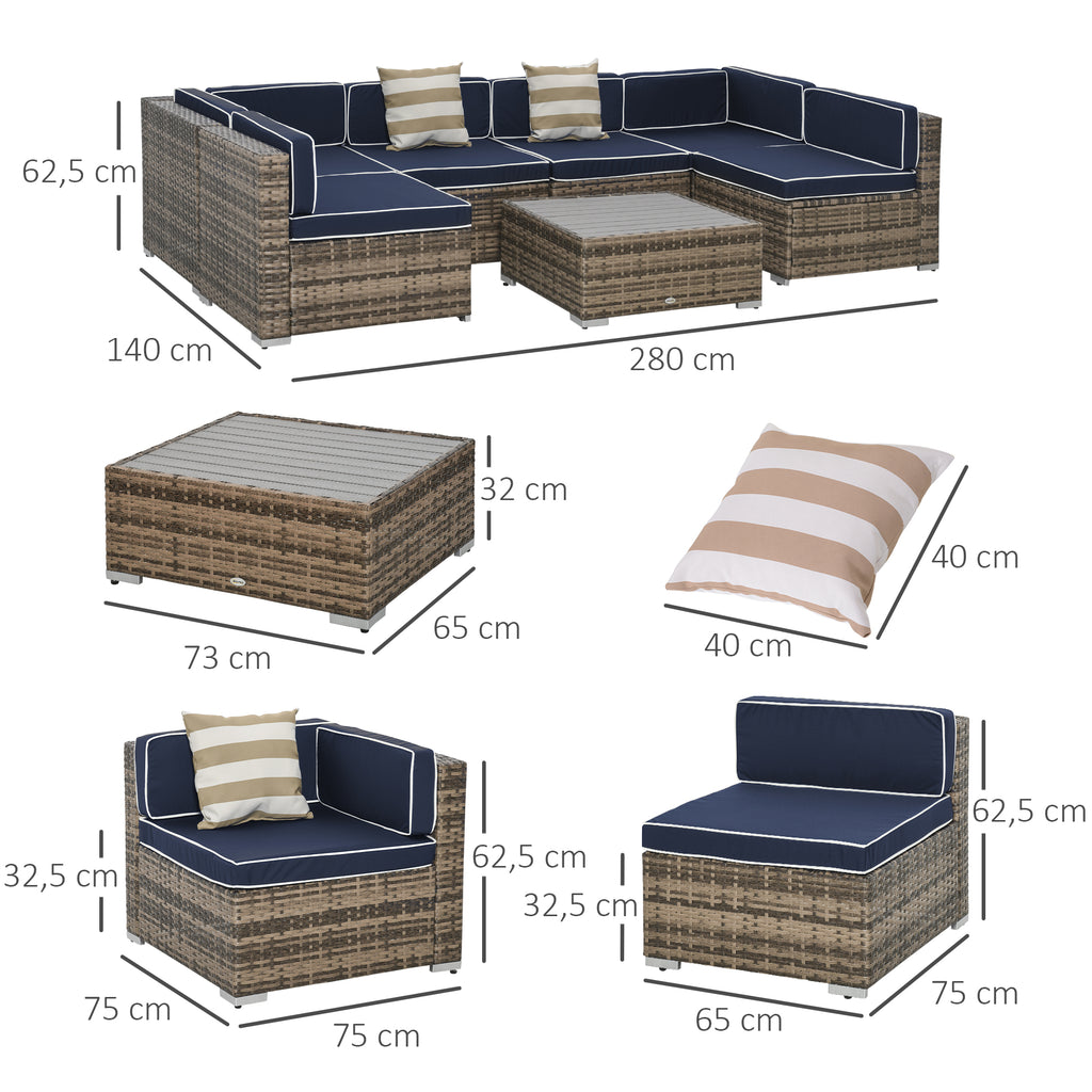 7-Piece Outdoor Wicker Patio Sofa Set, Modern Rattan Conversation Furniture Set with Cushions, Pillows and Tea Table - Blue