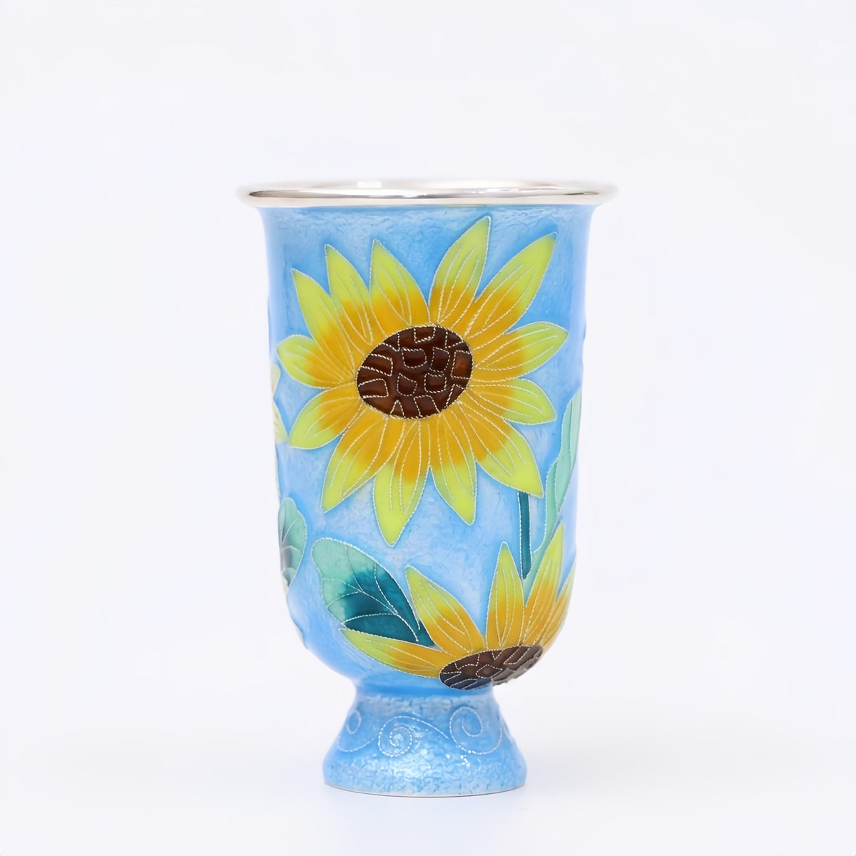 925 Sterling Silver Elegant Hand-Painted Sunflower Design Blue Stainless Steel Cup-Premium Indigo Teacup - Handicraft