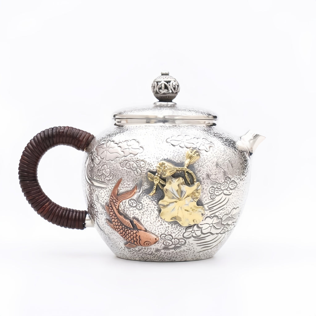 Pure 999 Fine Silver Handcrafted Silver Teapot Featuring Embossed Carp and Lotus Motifs with Woven Handle - Handicraft