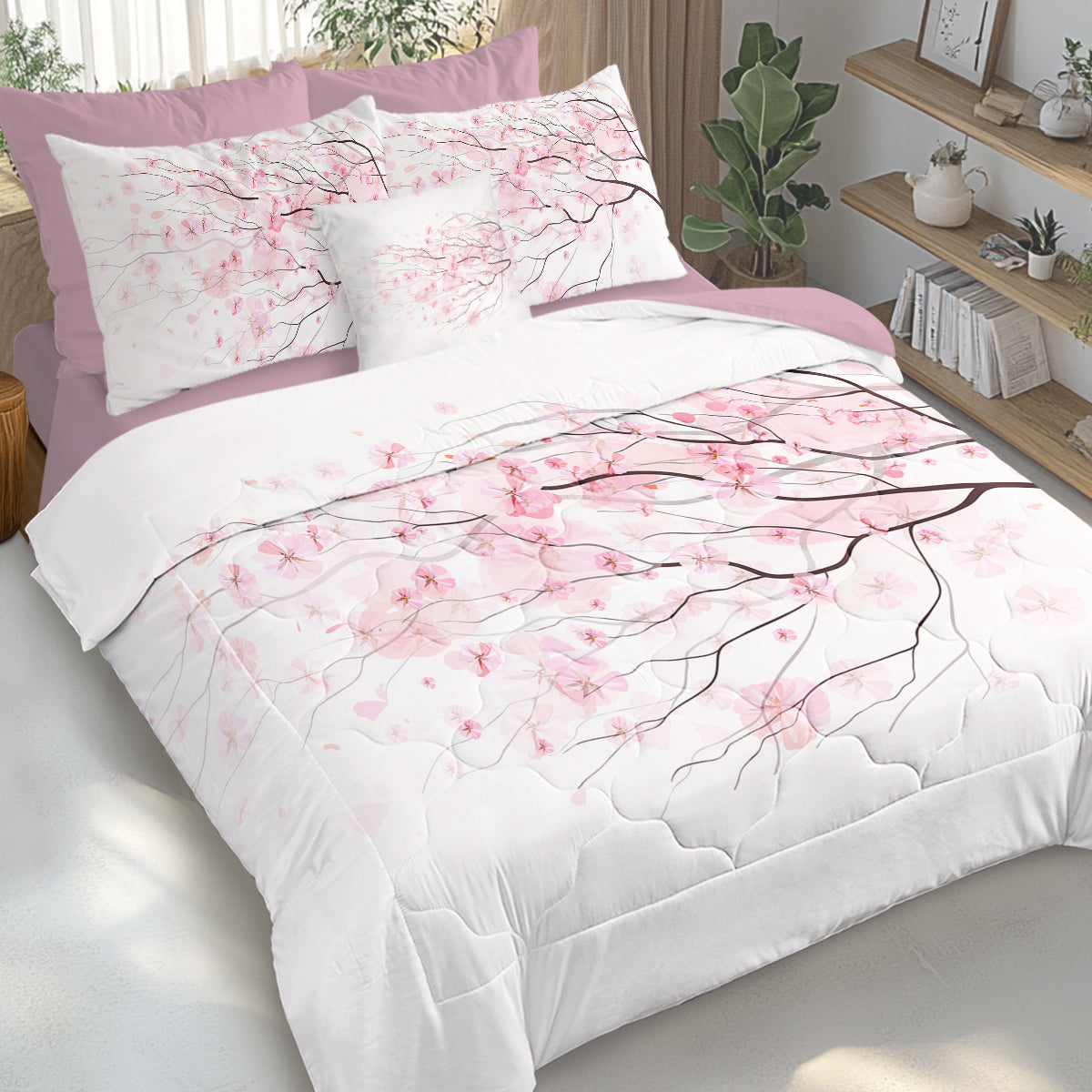 Cherry Blossom Pattern Comforter Set 8PCS Twin Size Soft Bedding Set,1 Comforter,1 Pilow Cover,1 Flat Sheet,1 Fitted Sheet,4 Cushion Cover