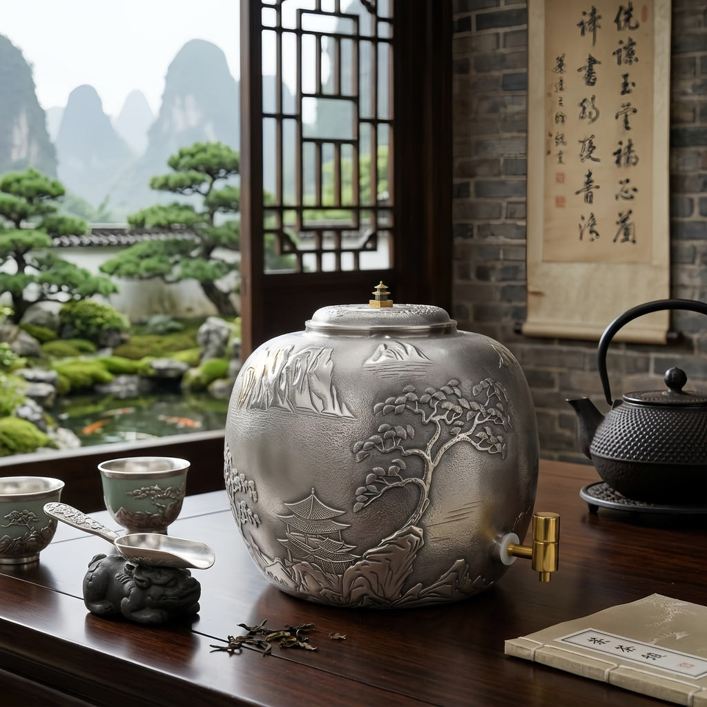 925 Sterling Silver Handcrafted Silver-Toned Beverage Dispenser with Intricate Oriental Landscape and Pagoda Relief Artistry - Handicraft