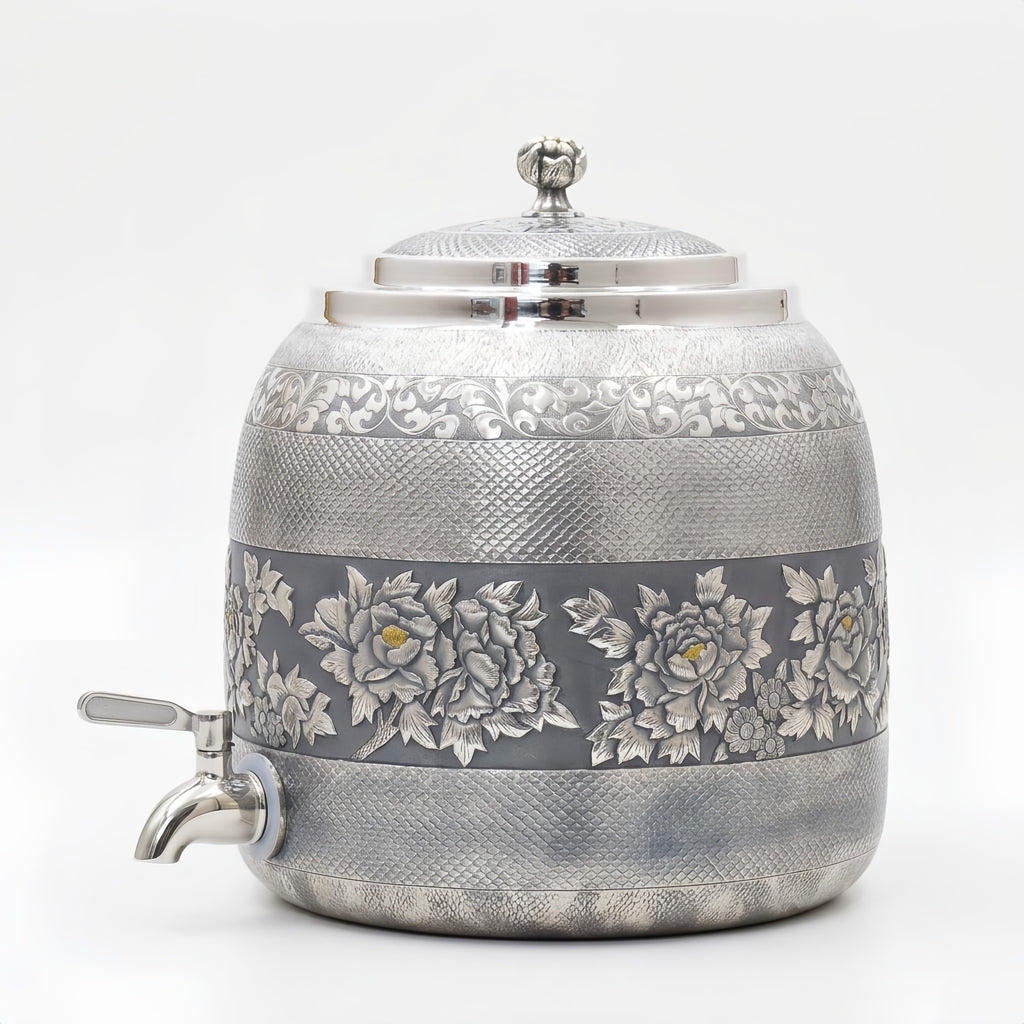 925 Sterling Silver Ornate Silver-Tone Beverage Dispenser with Hand-Engraved Floral Patterns and Decorative Spout - Handicraft