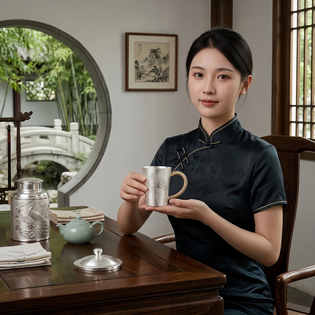 Pure 999 Fine Silver Elegant Peacock-Engraved Ceramic Mug with Woven Handle-Premium Master Cup - Handicraft