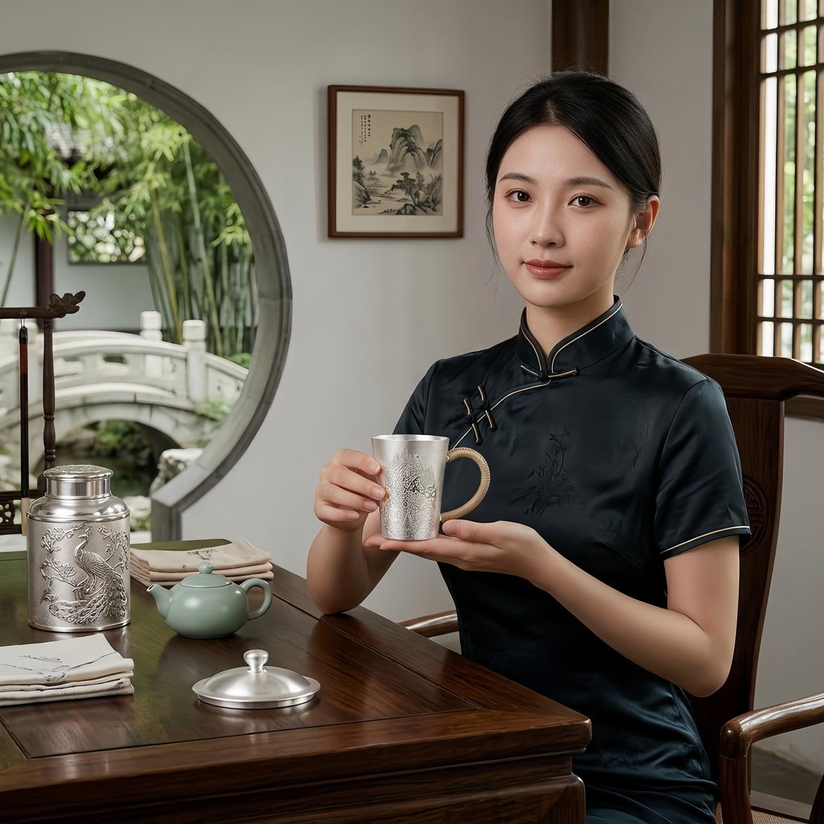 Pure 999 Fine Silver Elegant Peacock-Engraved Ceramic Mug with Woven Handle-Premium Master Cup - Handicraft