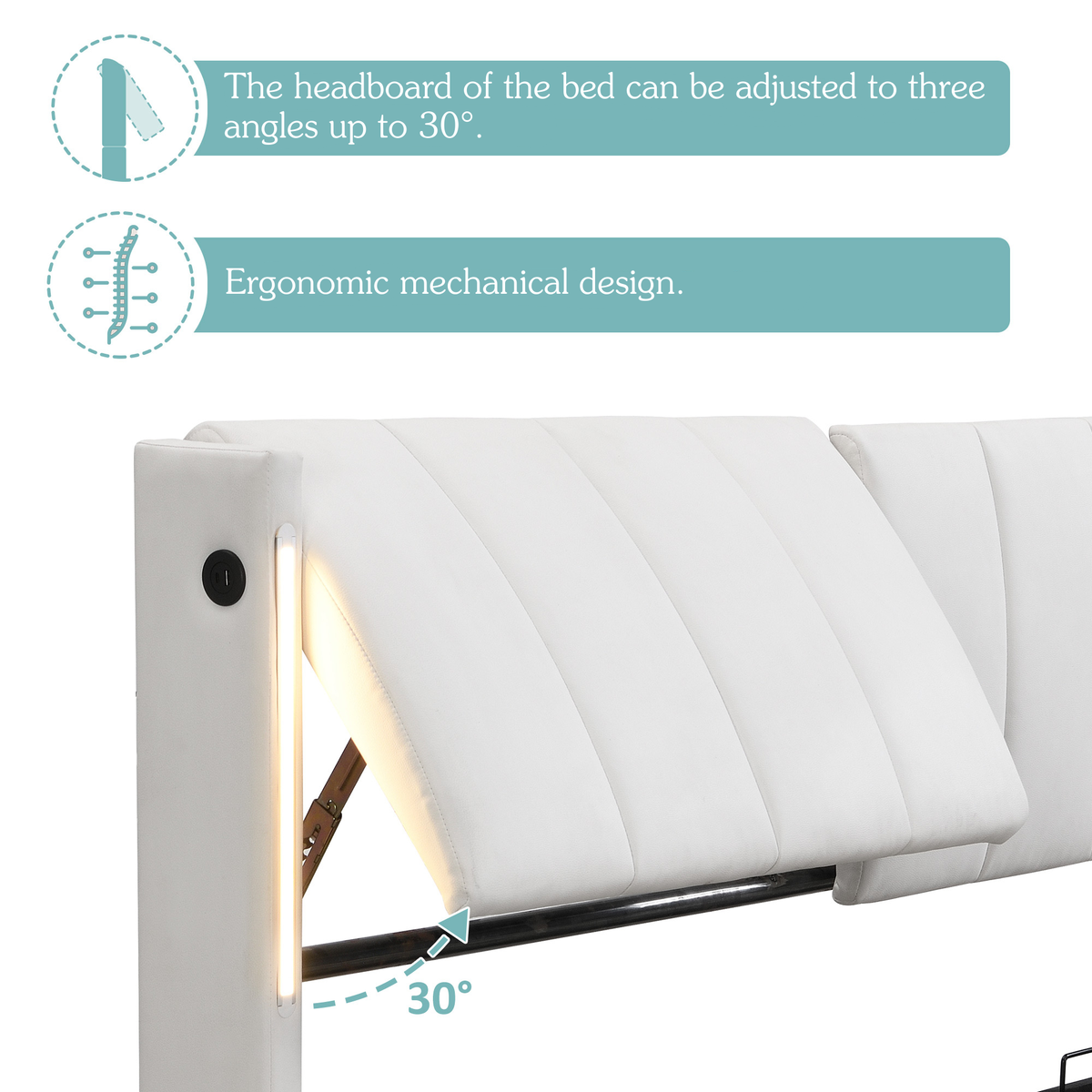 LED Upholstered Bed ,Double Bed-4ft6 135x190cm, Hydraulic Bed, Rechargeable USB Port In Bed, With LED Lighting, With Storage Space, Adjustable Headboard, PU , White