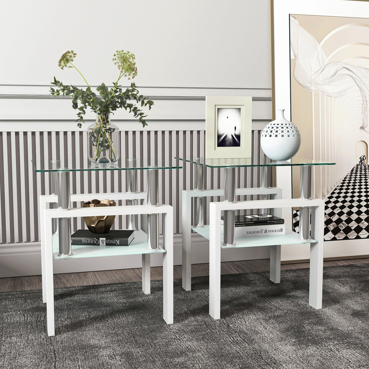 2-Pc Modern Tempered Glass Coffee Tea End Tables For Living Room
