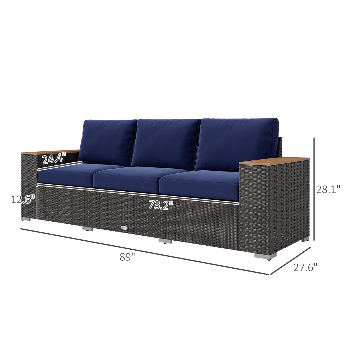 3-Seat Outdoor Patio Sofa, PE Wicker Outdoor Couch with  Extra Wide Deep Seat, Wide Armrests 4" Cushions, Navy Blue