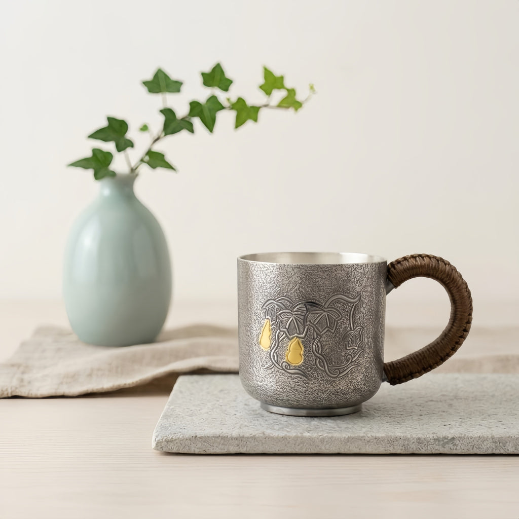 Pure 999 Fine Silver Handcrafted Textured Silver Mug with Engraved Vines and Woven Cord Handle - Handicraft