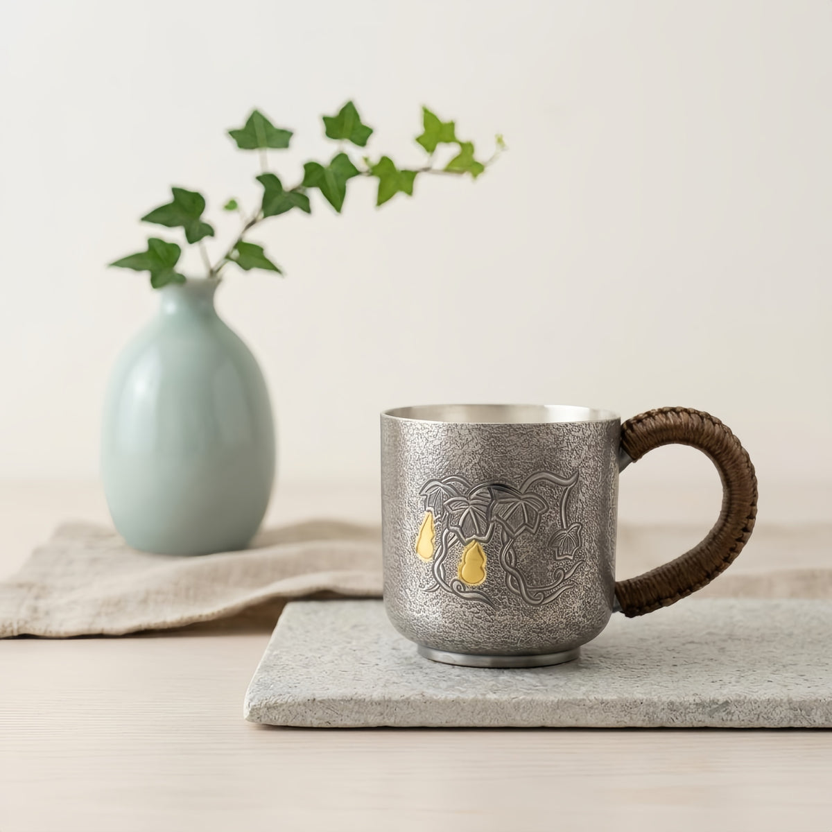 Pure 999 Fine Silver Handcrafted Textured Silver Mug with Engraved Vines and Woven Cord Handle - Handicraft