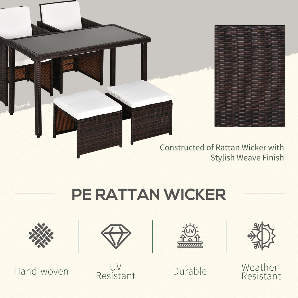 2 Seater Rattan Cube Garden Furniture Set, Rattan Dining Set With Cushions, Outdoor Dining Table And Chairs With 2 Armchairs, 2 Stools, Rectangular Glass Top Table For Patio, Balcony, Brown