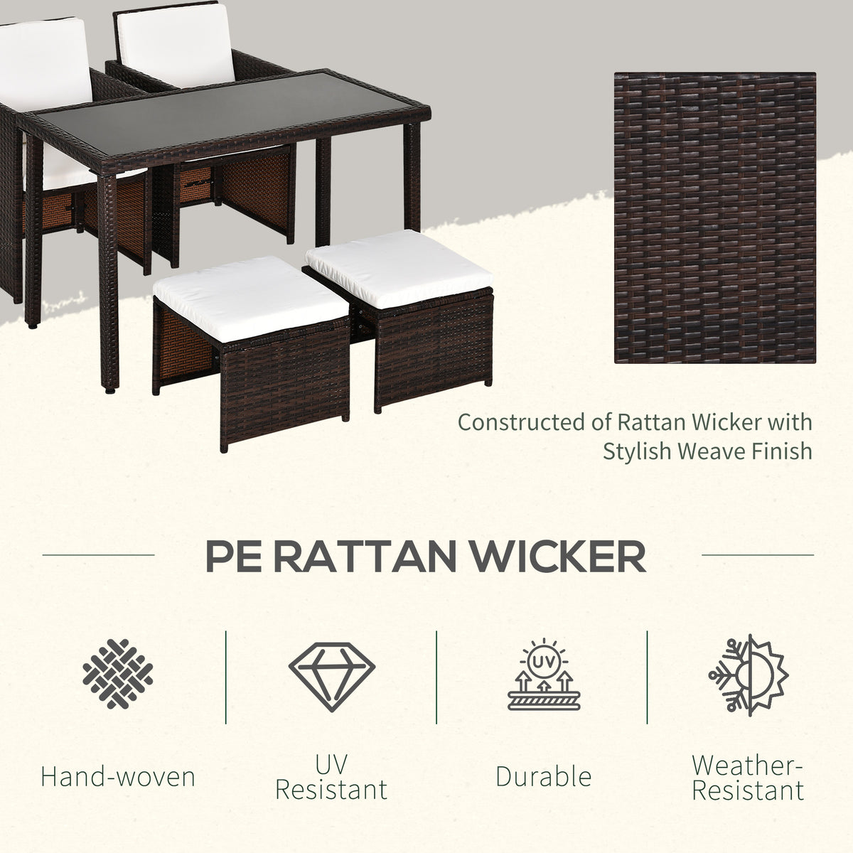 2 Seater Rattan Cube Garden Furniture Set, Rattan Dining Set With Cushions, Outdoor Dining Table And Chairs With 2 Armchairs, 2 Stools, Rectangular Glass Top Table For Patio, Balcony, Brown