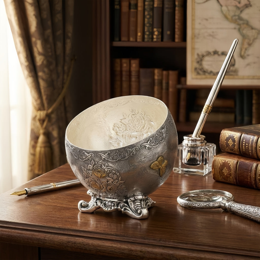 Pure 999 Fine Silver Antique  Floral Bowl with Gold Accents and Intricate Pedestal Base-Fine Silver Storage Box - Handicraft