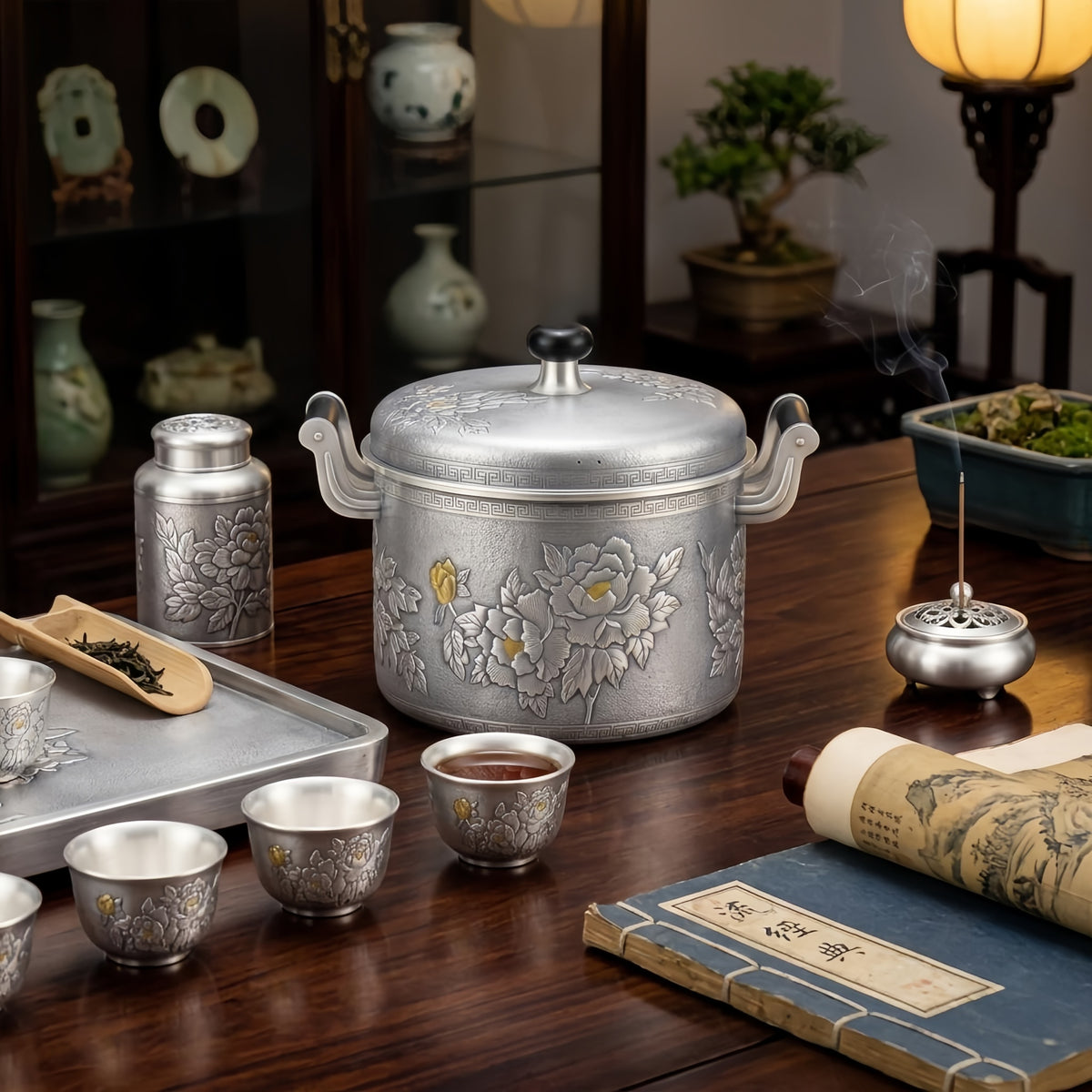 Pure 999 Fine Silver Exquisite Silver Toned Peony Embossed Pot with Intricate Floral Relief and Decorative Handles - Handicraft