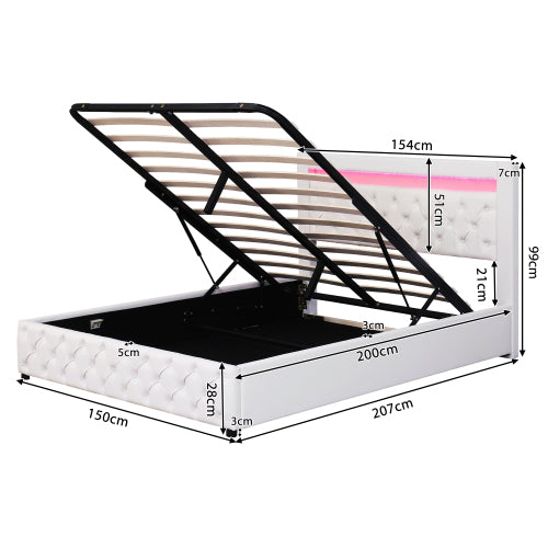 Upholstered Bed 150 X 200 Cm Functional Bed With Slatted Frame And Storage Space, LED Lighting In Different Colors, White, PU